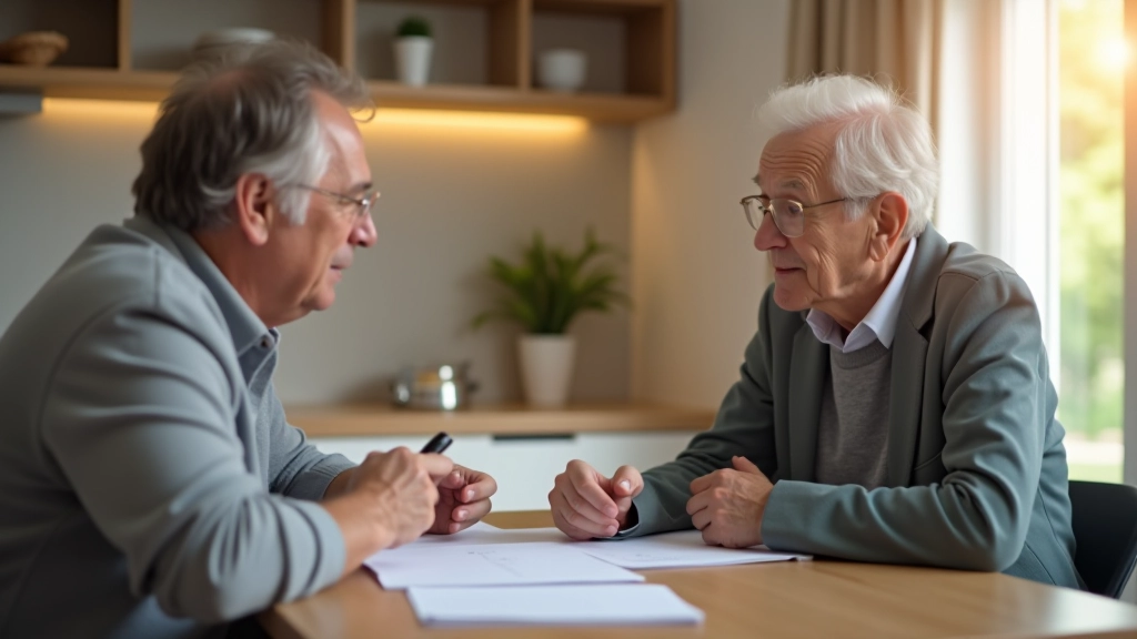 Adult caregiver discussing elderly care options with parent at home table