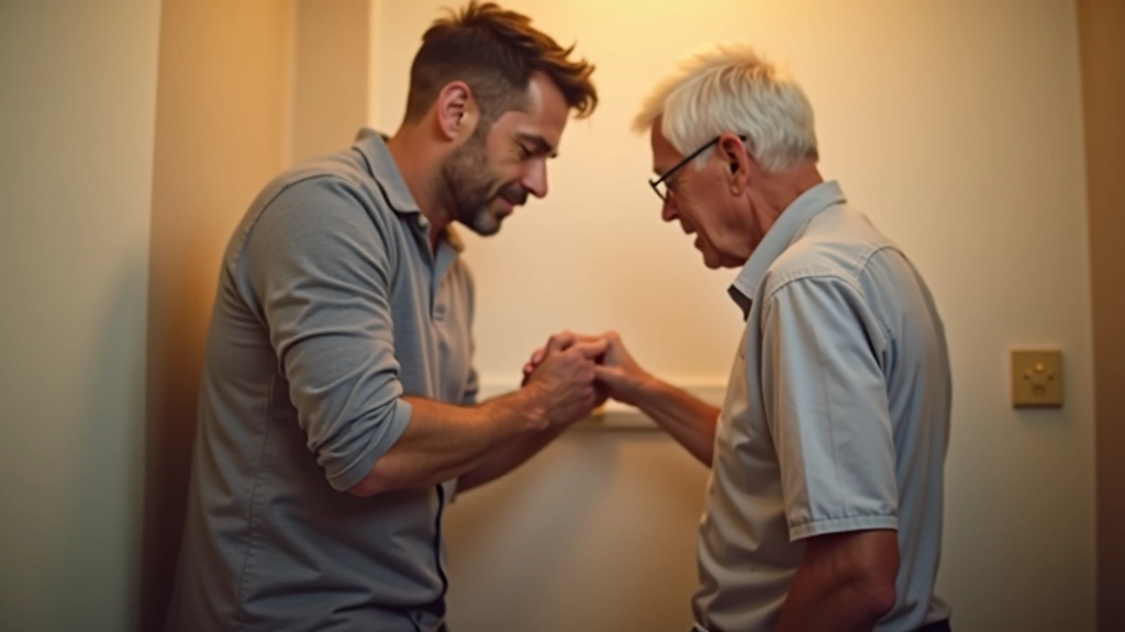 Adult son helping elderly father install grab bar in bathroom