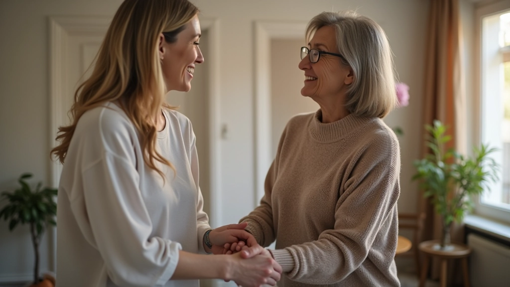 Adult daughter helping elderly mother with mobility in home setting