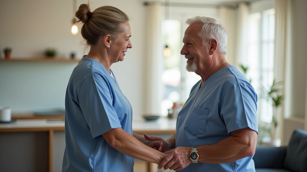 Caregiver helping elderly person navigate modified bathroom with safety equipment
