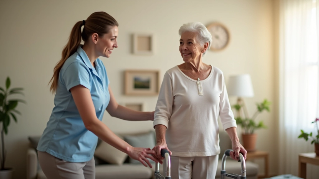 Home care visit with caregiver assisting senior with mobility