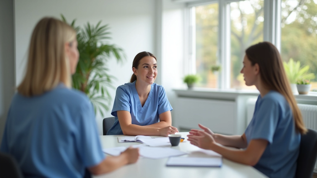 Caregiver team in professional development meeting reviewing care practices and protocols