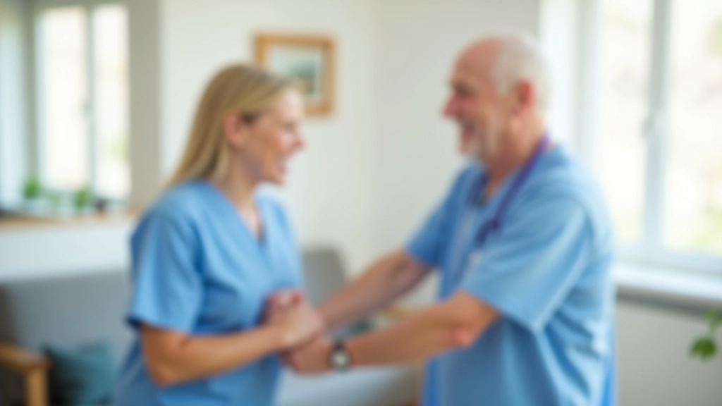 Caregiver helping elderly man with physical exercises in home setting