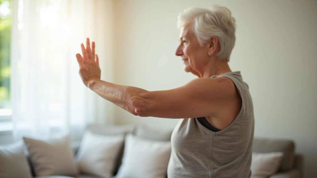 Elderly person doing yoga exercise in bright home environment