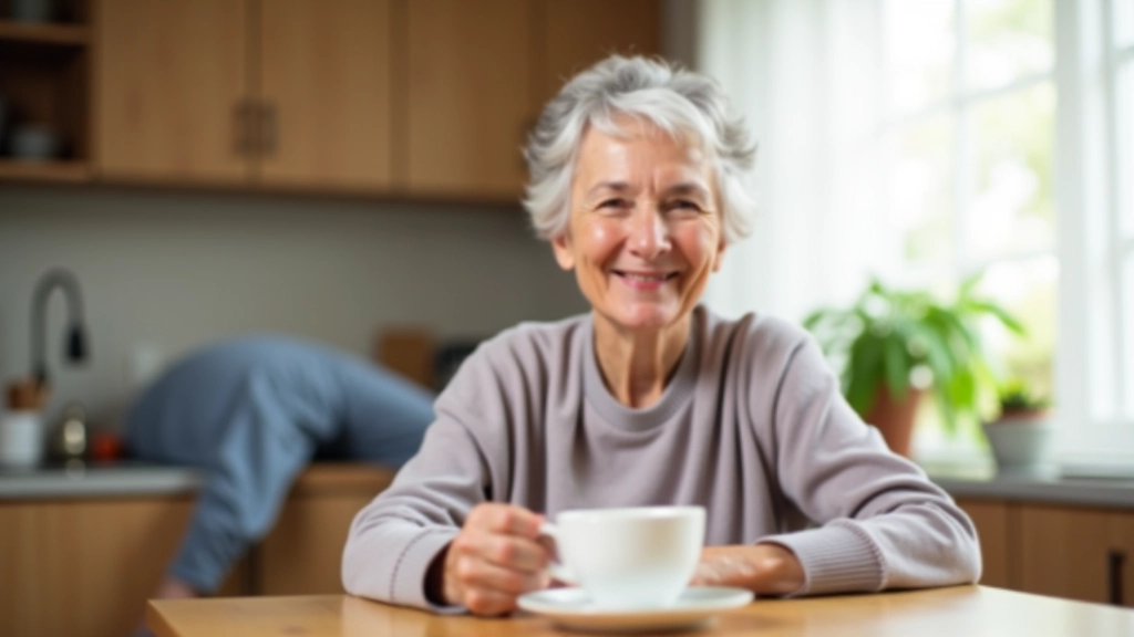Elderly person and caregiver having tea together in bright home kitchen