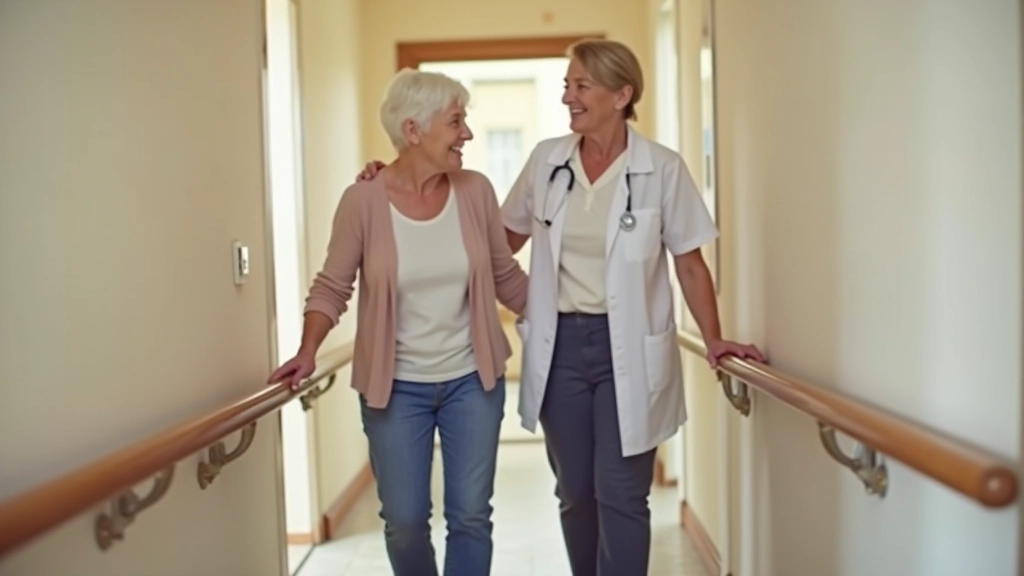 Elderly person with caregiver practicing safe mobility techniques