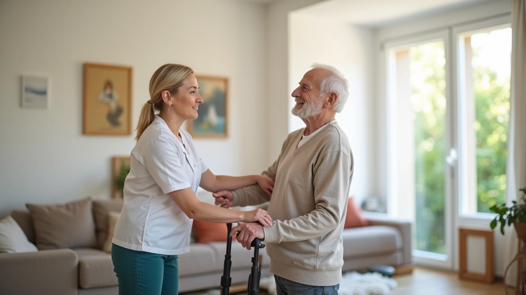 Professional caregiver assisting elderly person in home setting