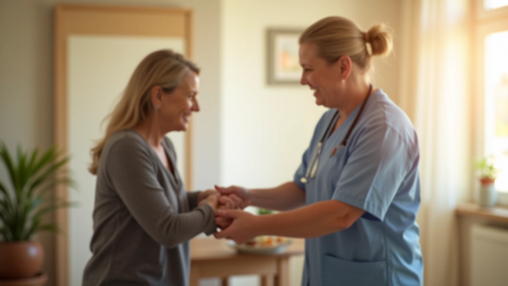 Caregiver providing compassionate mobility assistance to senior adult in comfortable home environment