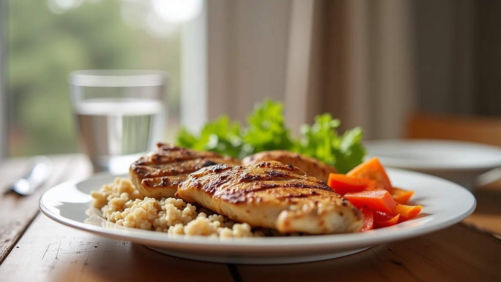 Healthy meal with vegetables, protein, and whole grains on table