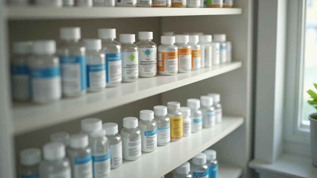 Medication storage cabinet with organized bottles and labels clearly visible