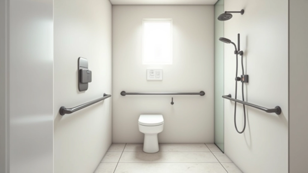 Accessible bathroom with grab bars and non-slip flooring