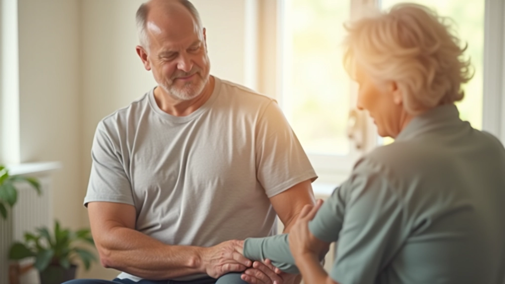 Elderly man doing physical mobility exercises with professional therapist