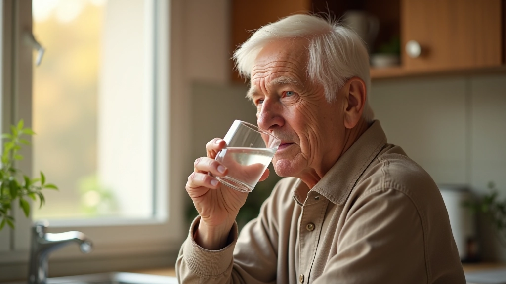 Senior person drinking water and stretching in bright morning light