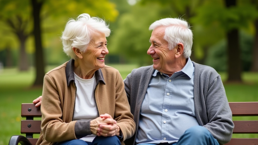 Two senior people talking together outdoors in park setting