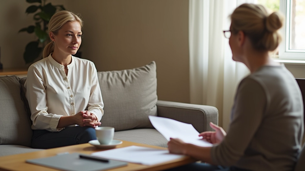 Caregiver and adult daughter having conversation in living room about care plan