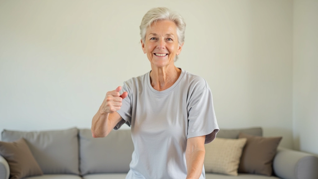 Senior person doing light exercise movements in living room